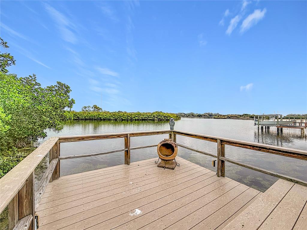 A wooden deck overlooks a calm body of water with a small boat dock nearby — 2021 NORTH POINTE ALEXIS DRIVE, TARPON SPRINGS, FL