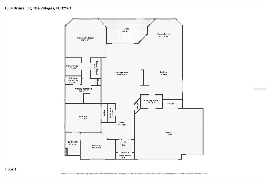 This is a floor plan for a single-story residential home with a garage and lanai — 1304 BRUNELL STREET, THE VILLAGES, FL