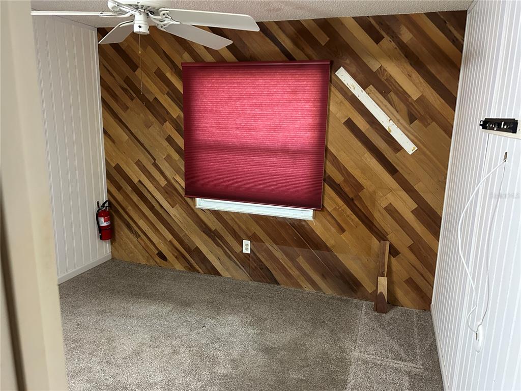 A bedroom features a diagonal wood-paneled accent wall, carpeted flooring, and a red window shade — 515 S MATANZAS AVENUE, TAMPA, FL