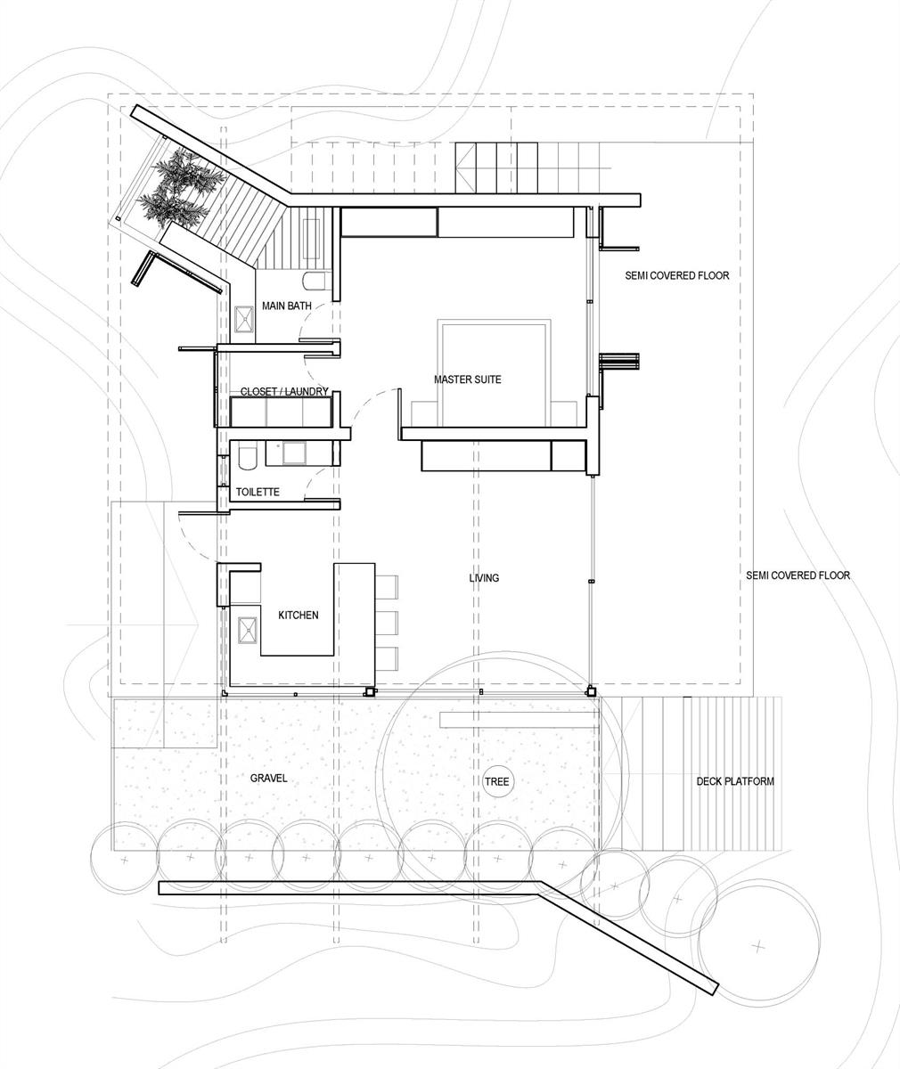 This architectural floor plan shows a modern home layout with a kitchen, living area, and suite — 100 Burn Brae Way, Bocas Del Toro,, FL