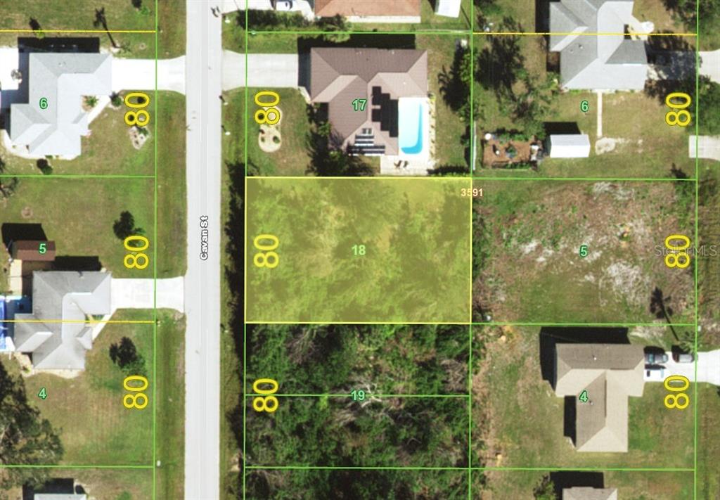 This is an aerial map showing a vacant residential lot highlighted in yellow — 6174 CAVAN STREET, ENGLEWOOD, FL