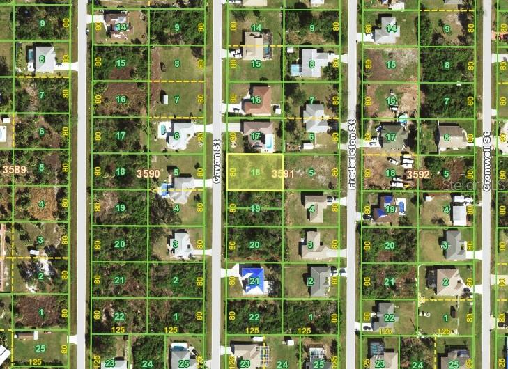 This is a satellite map view showing residential lots and streets in a suburban neighborhood — 6174 CAVAN STREET, ENGLEWOOD, FL