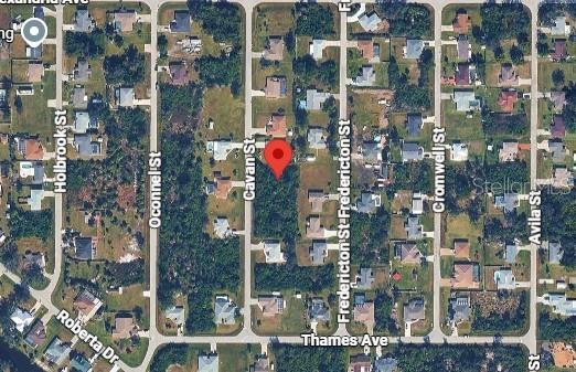 This is an aerial map view of a vacant residential lot marked with a red pin — 6174 CAVAN STREET, ENGLEWOOD, FL