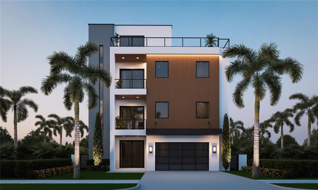 A digital rendering of a modern three-story home with a rooftop deck and attached garage — 300 176TH AVENUE CIRCLE, REDINGTON SHORES, FL