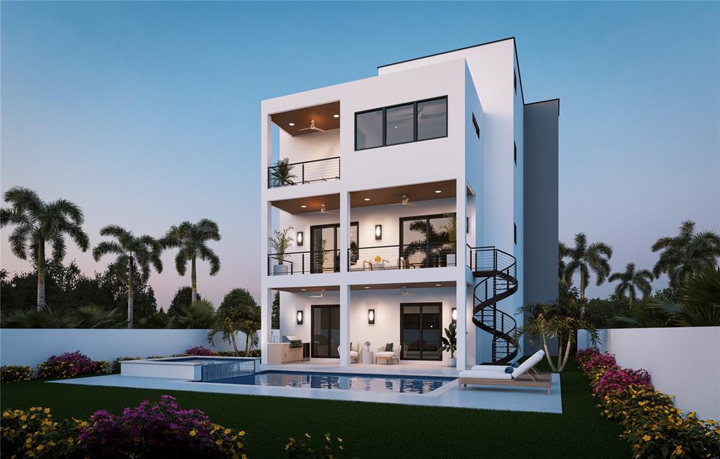 A rendering of a three-story modern house with balconies, a swimming pool, and spiral staircase — 300 176TH AVENUE CIRCLE, REDINGTON SHORES, FL