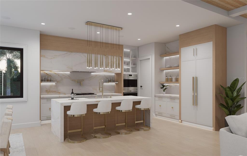 This rendering shows a modern kitchen with a marble island, gold accents, and light wood cabinetry — 300 176TH AVENUE CIRCLE, REDINGTON SHORES, FL