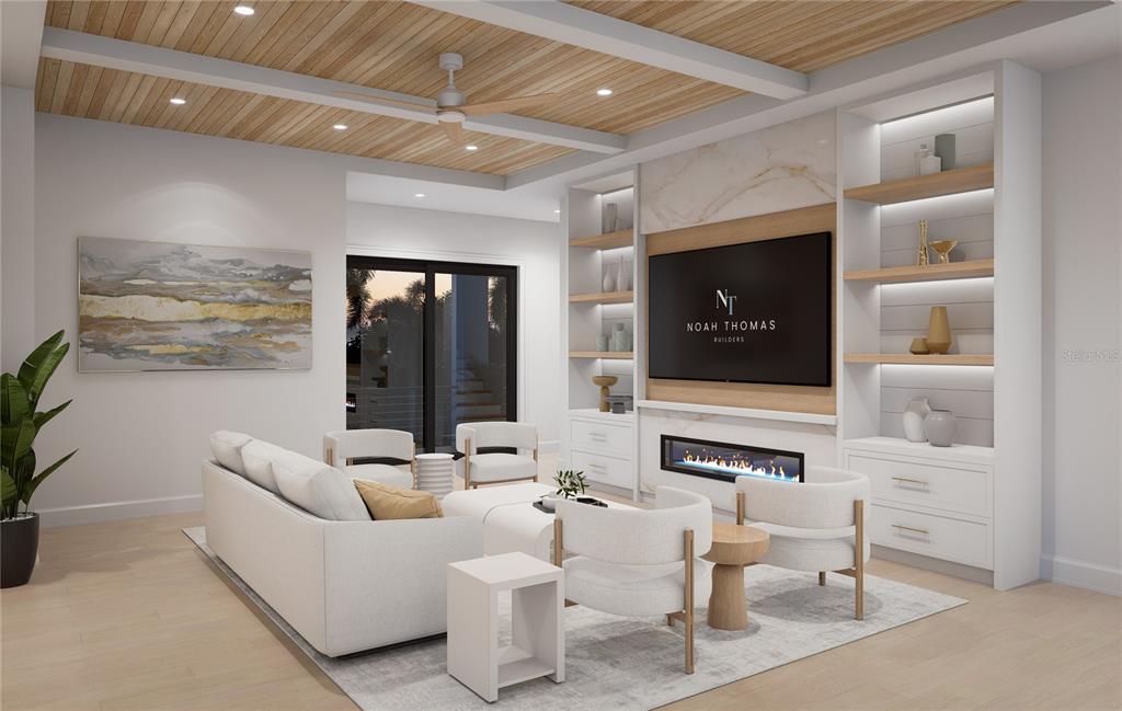 This rendering shows a modern living room with a fireplace, built-in shelving, and wood-paneled ceiling — 300 176TH AVENUE CIRCLE, REDINGTON SHORES, FL