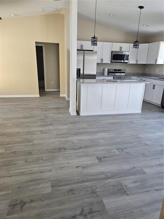A kitchen with white cabinets, stainless steel appliances, and an island overlooks a living area — 410 KILGORE STREET, WILDWOOD, FL