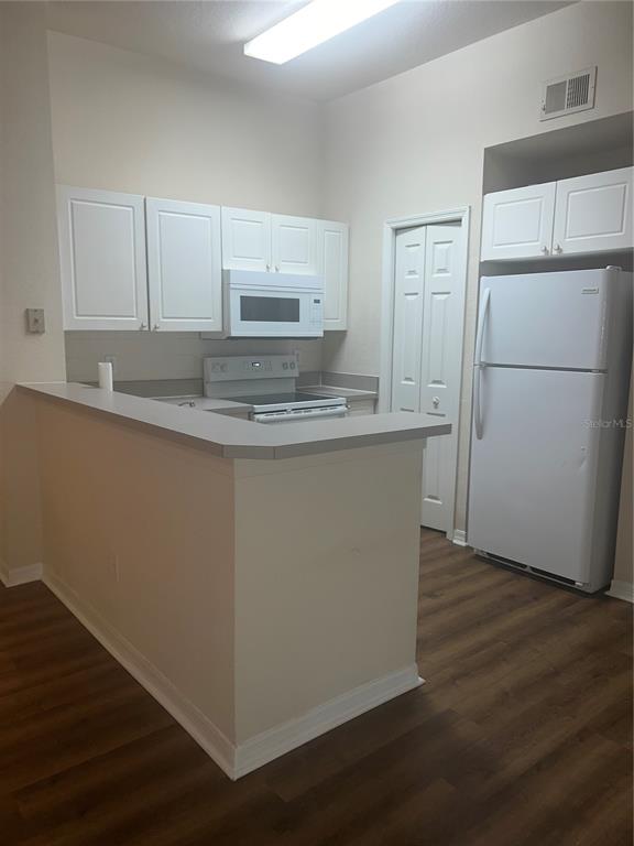 A kitchen features white cabinets, a microwave, a stove, a refrigerator, and wood-look flooring — 18107 PEREGRINES PERCH PLACE UNIT 6310, LUTZ, FL