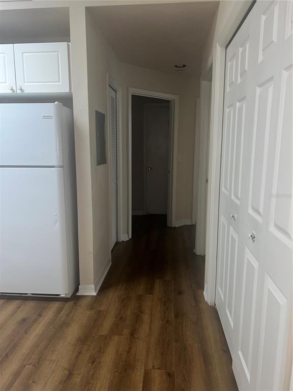 A hallway with wood-look flooring leads to a doorway, flanked by a refrigerator and closet — 18107 PEREGRINES PERCH PLACE UNIT 6310, LUTZ, FL