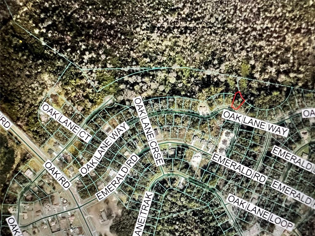 This is an aerial map showing property lot lines and street names in a residential area — 12 OAK LANE WAY, OCALA, FL