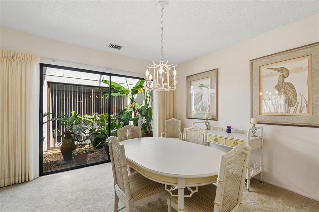 A dining room features a white oval table, cane-back chairs, and sliding glass doors — 100 LISA LANE, OLDSMAR, FL