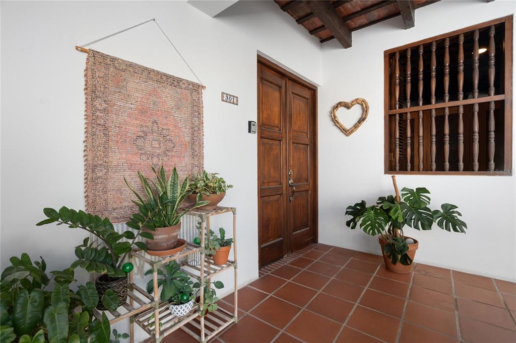 A covered entryway features a wooden double door, terracotta tile flooring, and several potted plants — 211 Calle SOL PH UNIT 301, SAN JUAN, PR