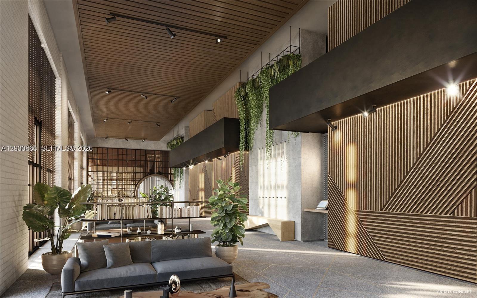 A modern living room features a sofa, dining area, and floor-to-ceiling windows with city views — 159 NE 6th St, Miami FL 33132, MIAMI, FL