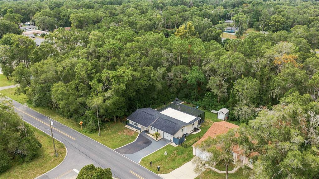 An aerial view shows a single-story house with a pool enclosure and a wooded backyard — 221 E INVERNESS  BOULEVARD, INVERNESS, FL
