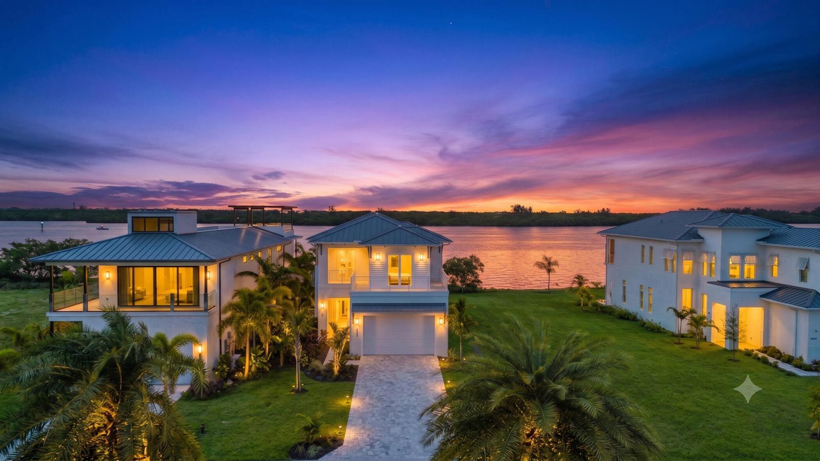 An aerial view of three waterfront houses at sunset with landscaped lawns and paved driveways — 4842 S Harbor Drive, Vero Beach FL 32967, VERO BEACH, FL