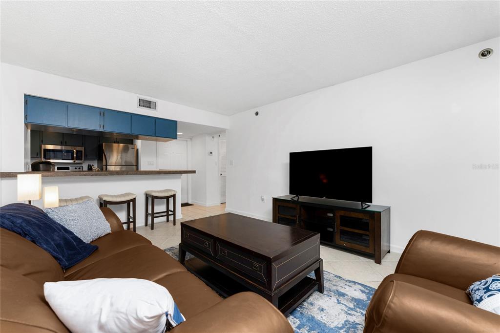 A living room features a brown leather sofa, a coffee table, and a television console — 3170 MATECUMBE KEY ROAD UNIT 115, PUNTA GORDA, FL