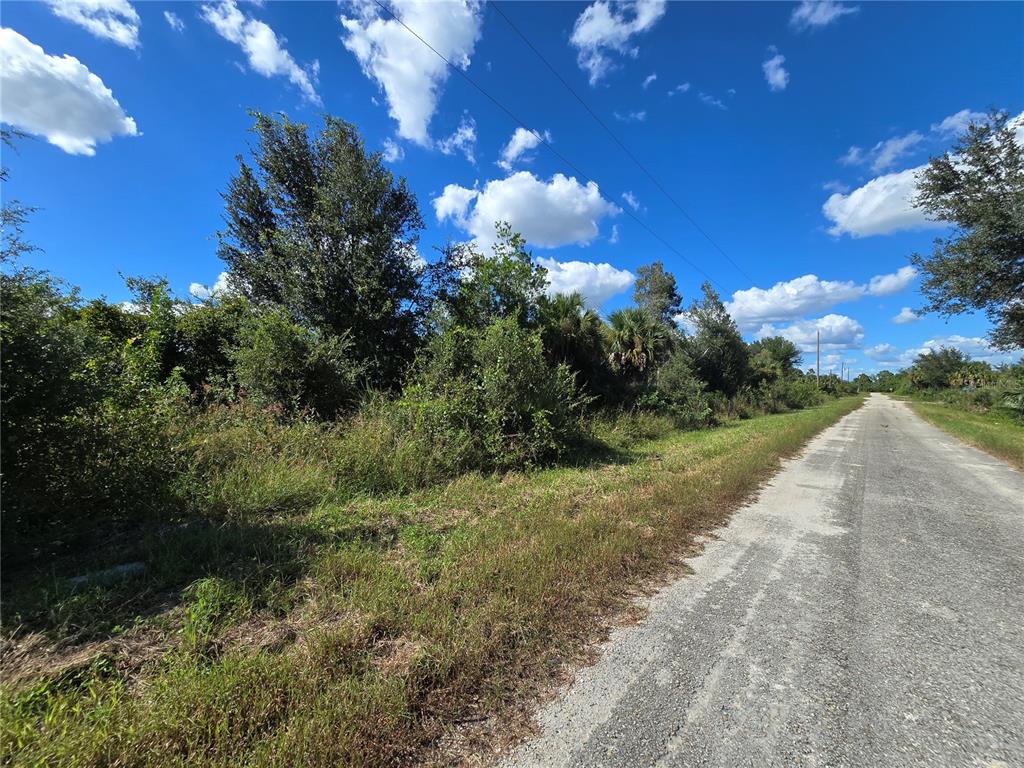 A gravel road runs alongside a dense, wooded lot under a bright, cloudy sky — 526 CABLE AVENUE S, LEHIGH ACRES, FL