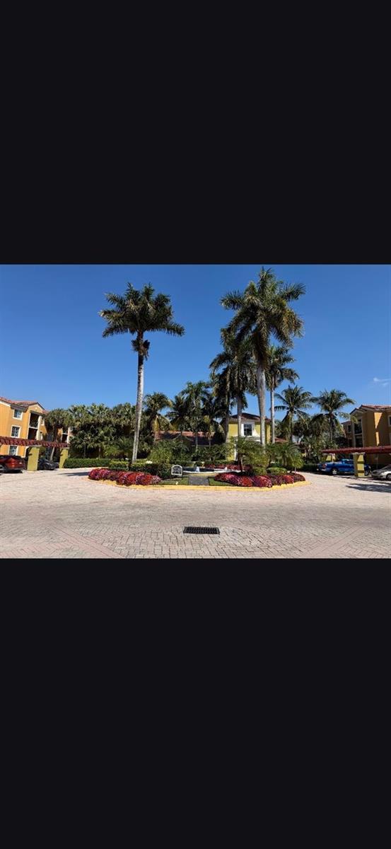 A paved driveway leads to a landscaped roundabout with palm trees and red flowers — 2090 W Preserve Way # 206, Miramar FL 33025, MIRAMAR, FL