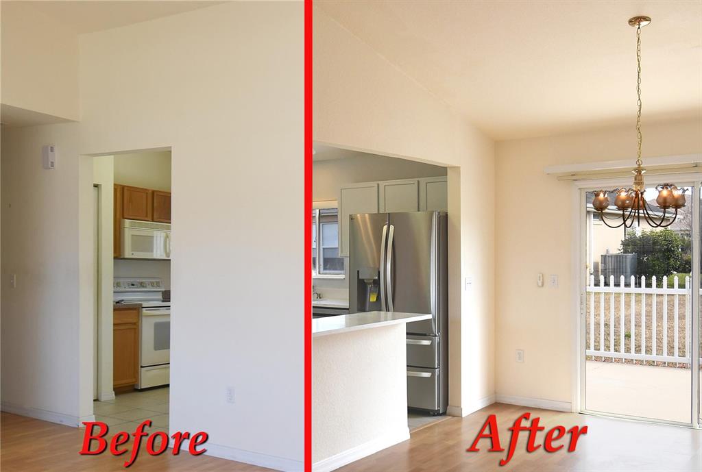 A split-screen comparison shows a kitchen renovation with a newly opened wall and breakfast bar — 13828 SE 85TH CIRCLE, SUMMERFIELD, FL