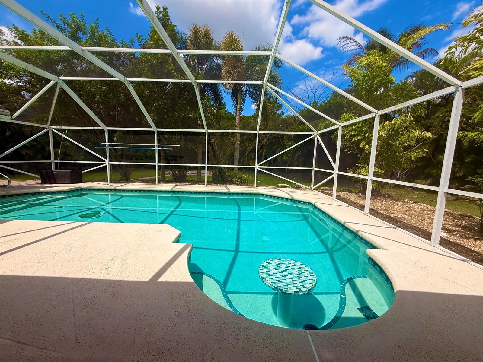 A screened-in swimming pool with a built-in table and steps, surrounded by lush greenery — 12037 Temple Boulevard, FL 33412, FL