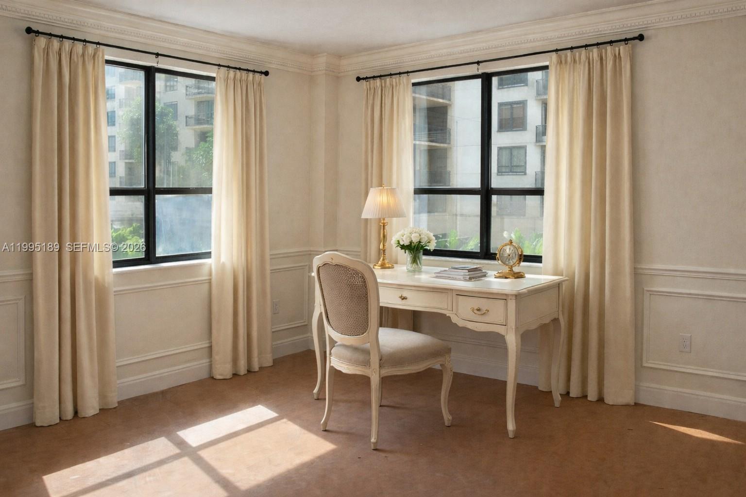 A home office features a white desk, a matching chair, and two windows with curtains — 10185 Collins Ave # 308, Bal Harbour FL 33154, BAL HARBOUR, FL