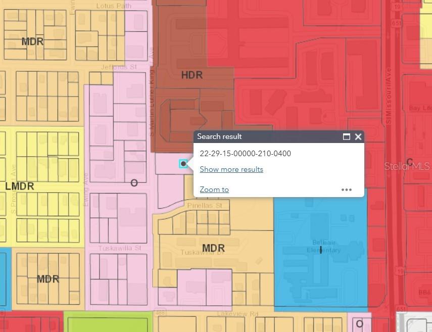 This is a digital map showing various land-use zoning classifications in a residential area — S MARTIN LUTHER KING JR AVENUE, CLEARWATER, FL