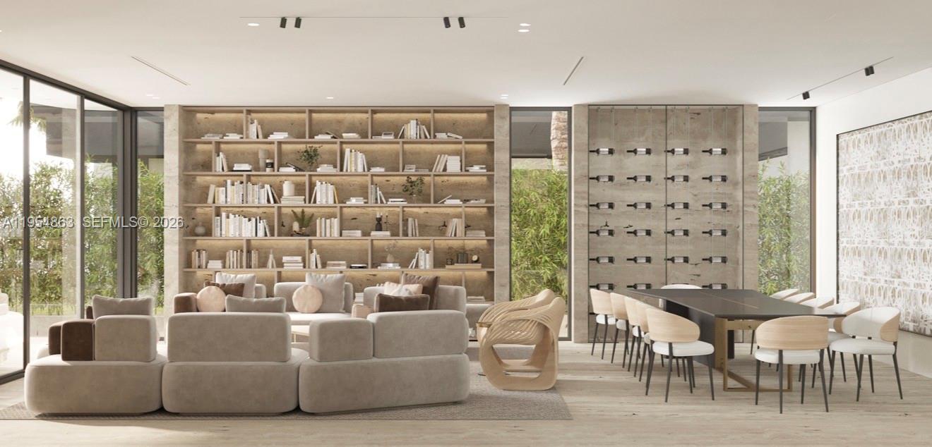 This rendering shows a modern living and dining area with a large bookshelf and wine wall — 80 S Hibiscus Dr, Miami Beach FL 33139, MIAMI BEACH, FL