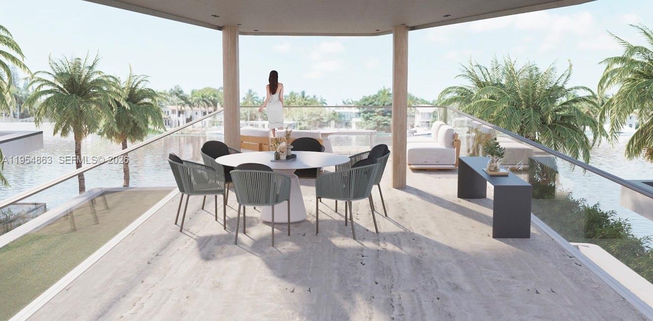 This rendering shows an outdoor balcony with a dining set, lounge seating, and water views — 80 S Hibiscus Dr, Miami Beach FL 33139, MIAMI BEACH, FL