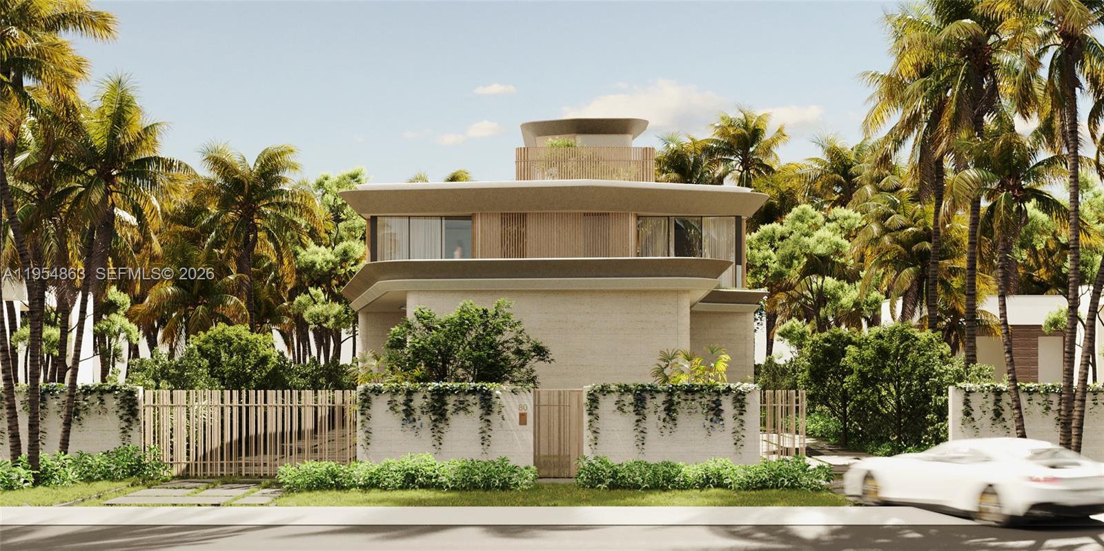 This is a rendering of a modern multi-story house with a gated entrance and palm trees — 80 S Hibiscus Dr, Miami Beach FL 33139, MIAMI BEACH, FL