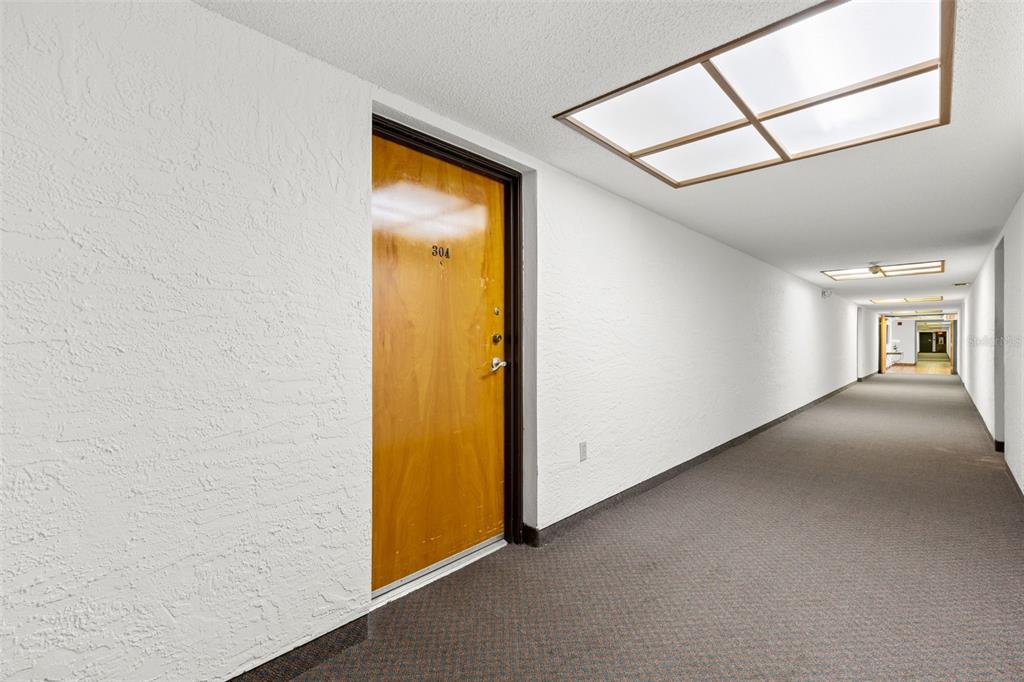 A long, carpeted apartment hallway features a wooden door labeled 304 and recessed ceiling lighting — 2593 COUNTRYSIDE BOULEVARD UNIT 7304, CLEARWATER, FL
