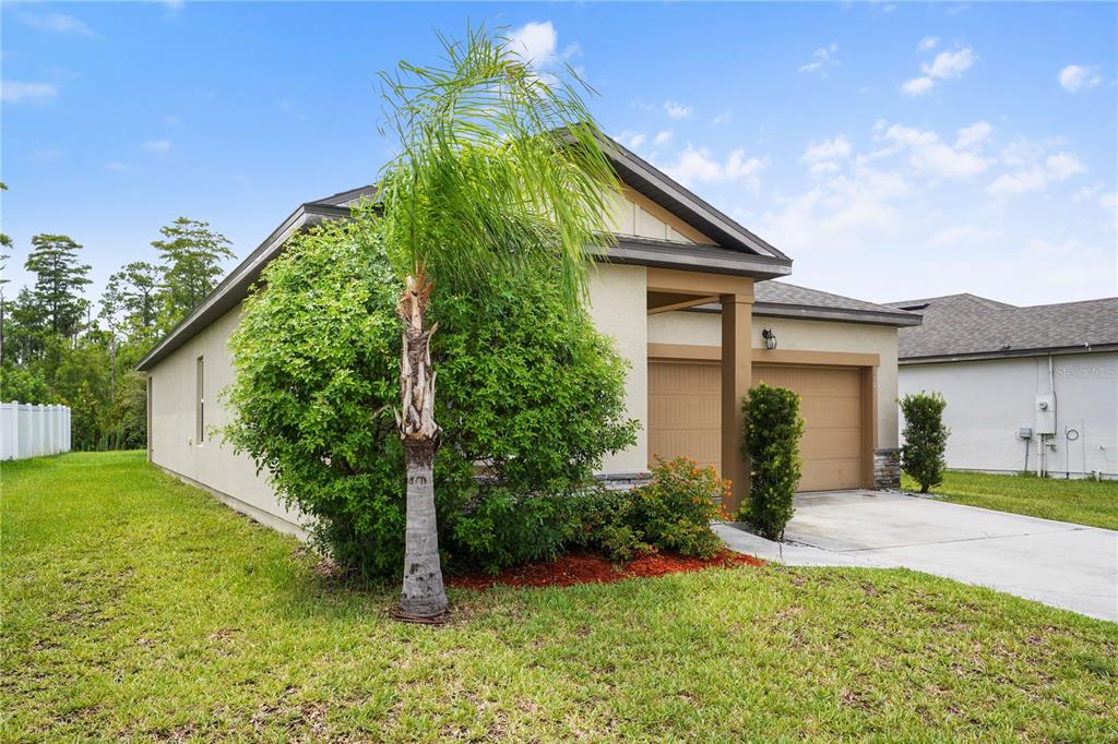 A single-story house with a two-car garage, a palm tree, and a grassy front yard — 3004 NEVERLAND DRIVE, NEW SMYRNA BEACH, FL