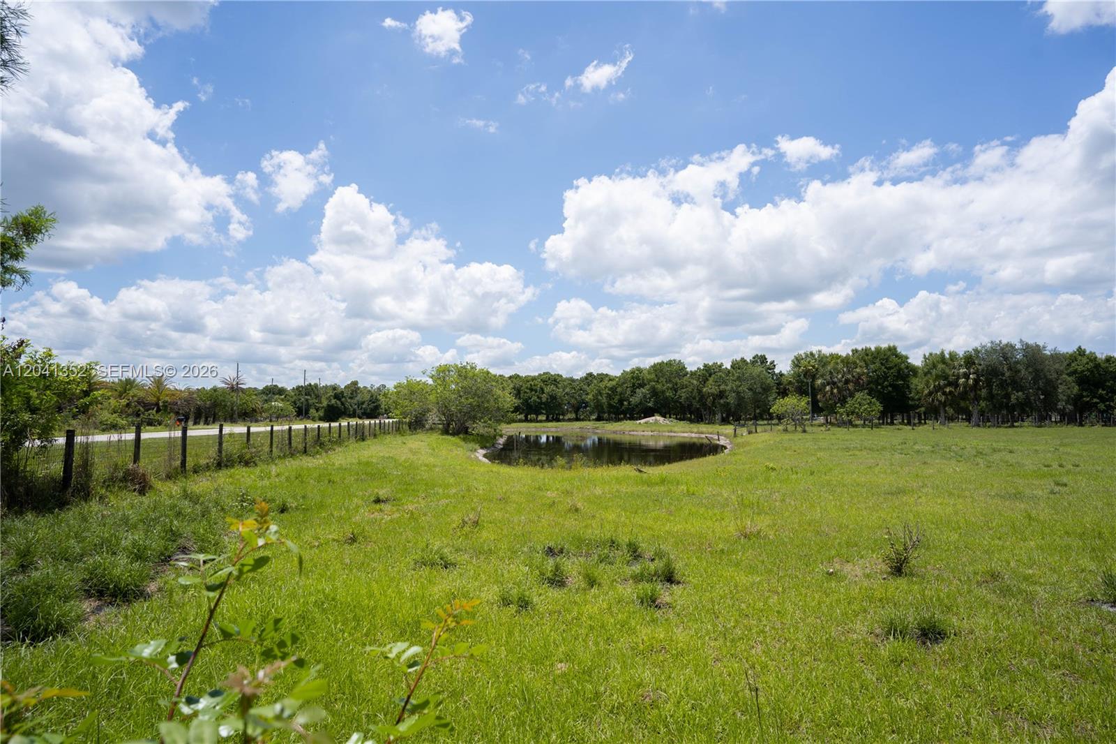 A grassy field features a small pond surrounded by trees under a cloudy blue sky — 10337 NE 120TH, Okeechobee FL 34972, OKEECHOBEE, FL