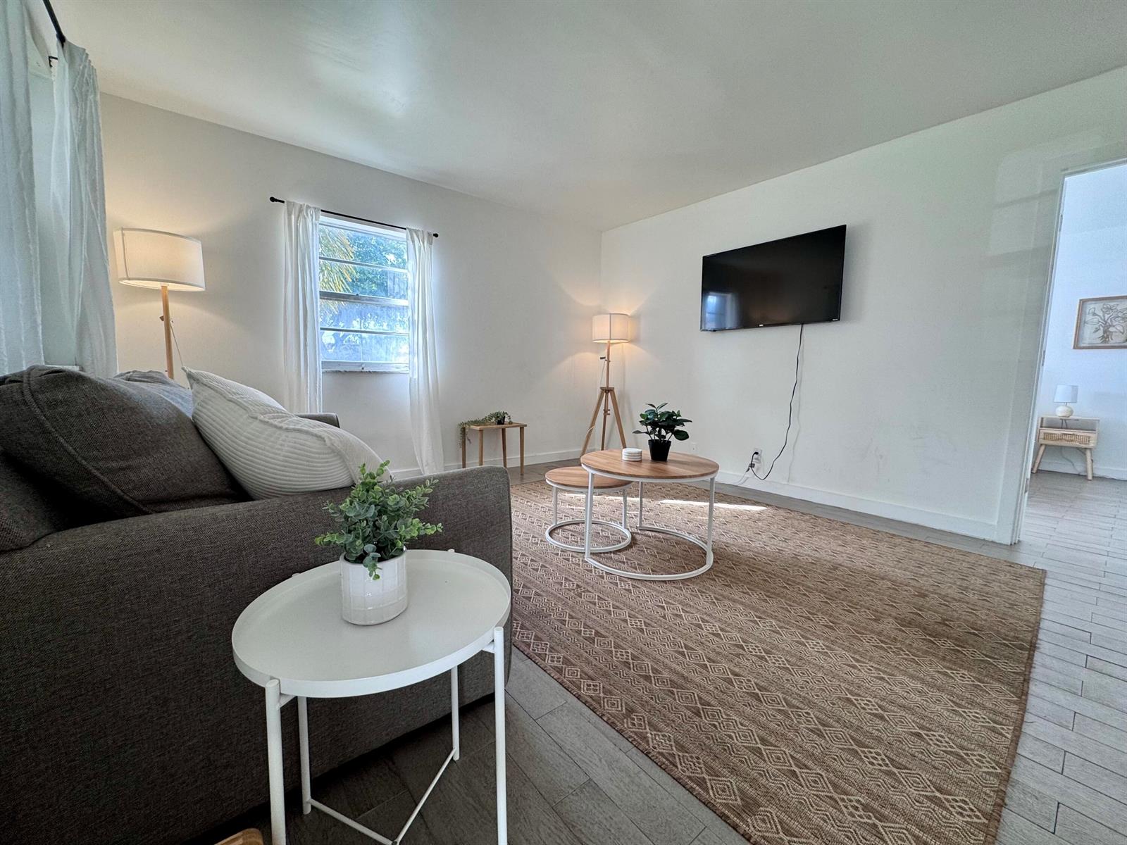 A living room features a grey sofa, a patterned rug, and a wall-mounted television — 202 Lucerne Avenue Unit 9, FL 33460, FL