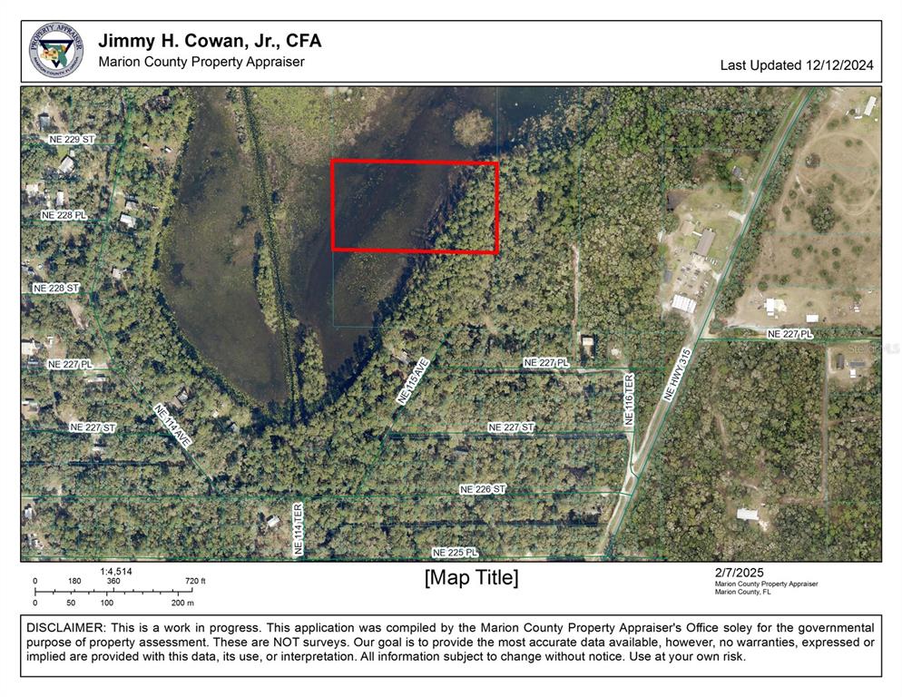 This is a map showing a wooded, partially submerged parcel of land in Marion County — TBD NE 115 AVENUE, FORT MC COY, FL