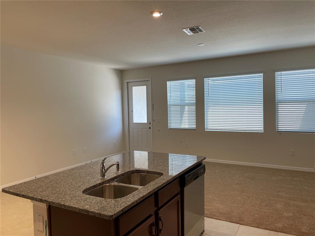 A kitchen island with a granite countertop and double sink overlooks a carpeted living area — 16347 PRAIRIE SCHOOL DRIVE, WINTER GARDEN, FL