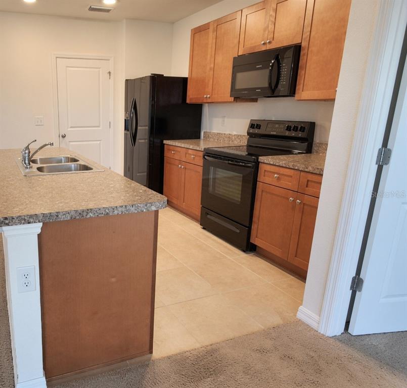 A kitchen features wood cabinets, black appliances, and a granite-topped island with a sink — 3499 N VONNEGUT PT, BEVERLY HILLS, FL