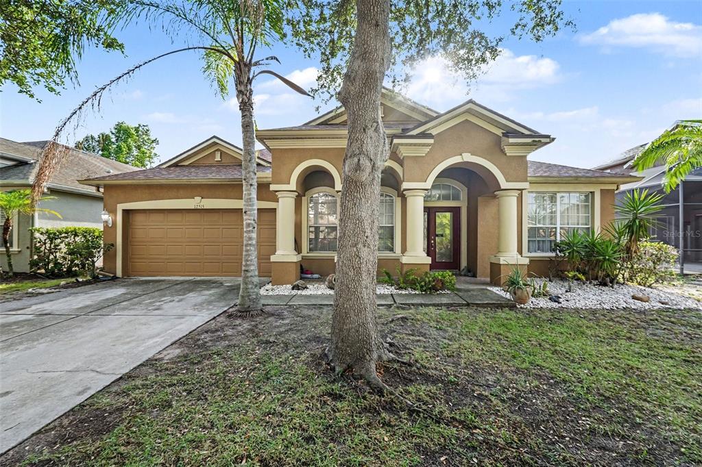 A tan single-story house features a two-car garage, arched entryway, and a large front tree — 12515 BURGESS HILL DRIVE, RIVERVIEW, FL