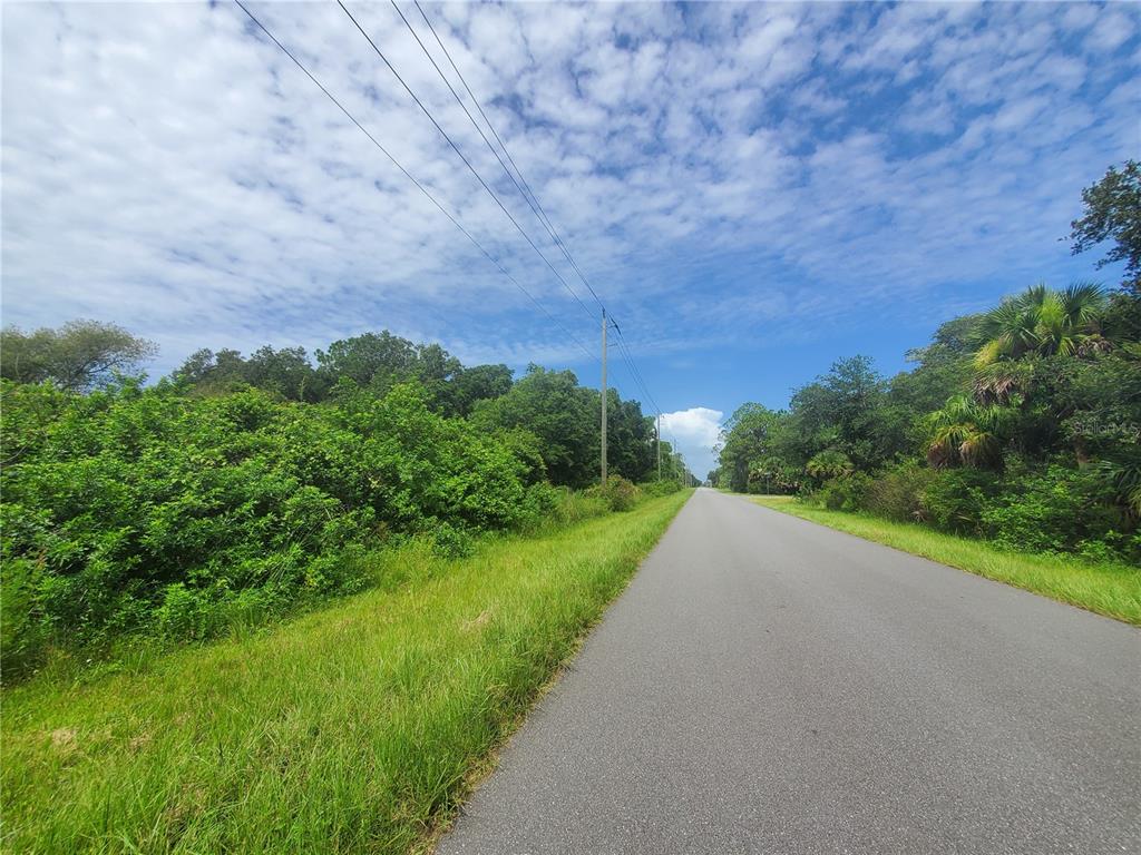 A paved road stretches into the distance between dense green trees and grassy shoulders — 15095 & 15103 GENNARO AVENUE, PORT CHARLOTTE, FL