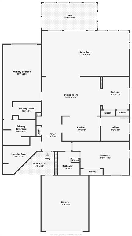 This is a floor plan of a single-story house with a garage and a lanai — 214 CANTERBURY CIRCLE, NEW SMYRNA BEACH, FL