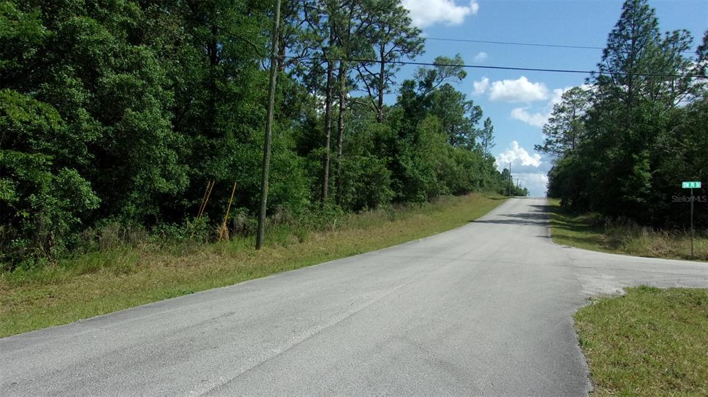 A paved road curves past a wooded lot under a blue sky with clouds — SW 207TH COURT, DUNNELLON, FL
