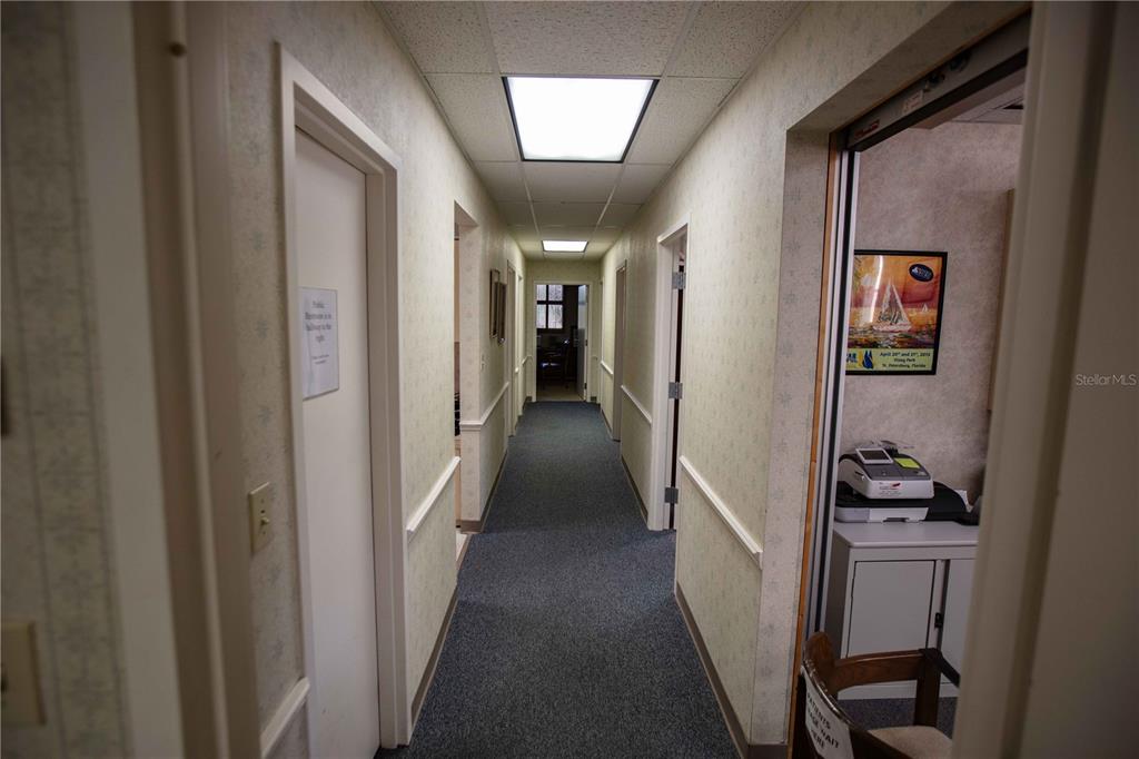 A narrow office hallway with carpeted flooring, wallpapered walls, and multiple doorways leading to rooms — 1201 FIFTH AVENUE N UNIT 302, ST PETERSBURG, FL