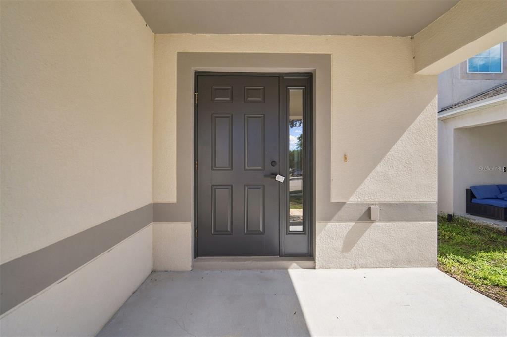 A dark gray front door with a side window sits on a concrete porch — 7254 LUMBER PORT DRIVE, RUSKIN, FL