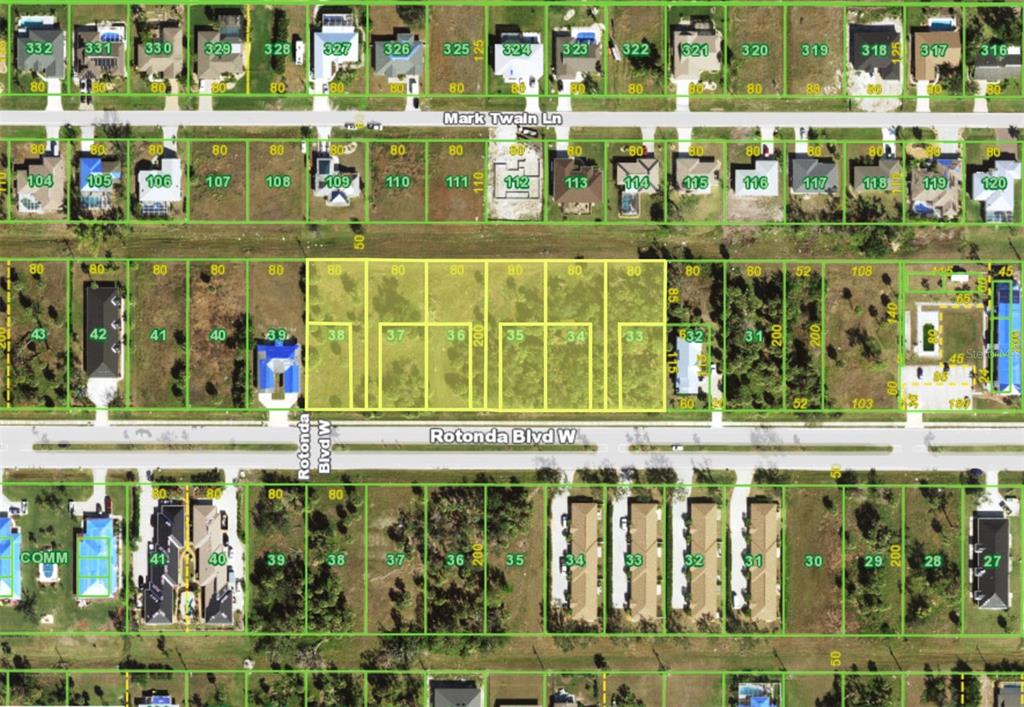 This is a map showing a row of residential lots highlighted in yellow — 222 ROTONDA BOULEVARD W, ROTONDA WEST, FL