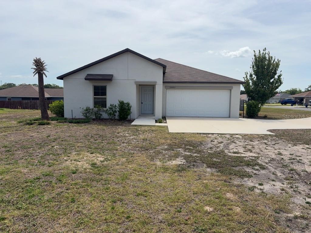 A single-story house with a white stucco exterior, a two-car garage, and a palm tree — 12495 SE 100TH AVENUE, BELLEVIEW, FL