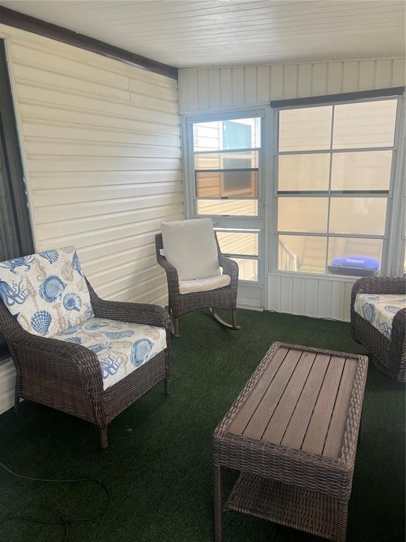 A sunroom features wicker furniture with patterned cushions, green carpet, and large windows — 6420 HAELE COURT, NORTH PORT, FL