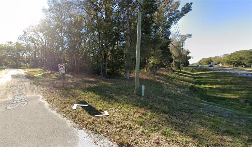 A grassy, wooded corner lot sits at the intersection of a paved road and highway — BROAD STREET, BROOKSVILLE, FL