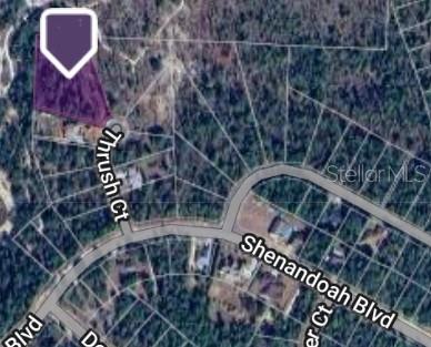 An aerial map shows a highlighted vacant lot located at the end of a cul-de-sac — Lot 8 THRUSH COURT UNIT 1, CHIPLEY, FL