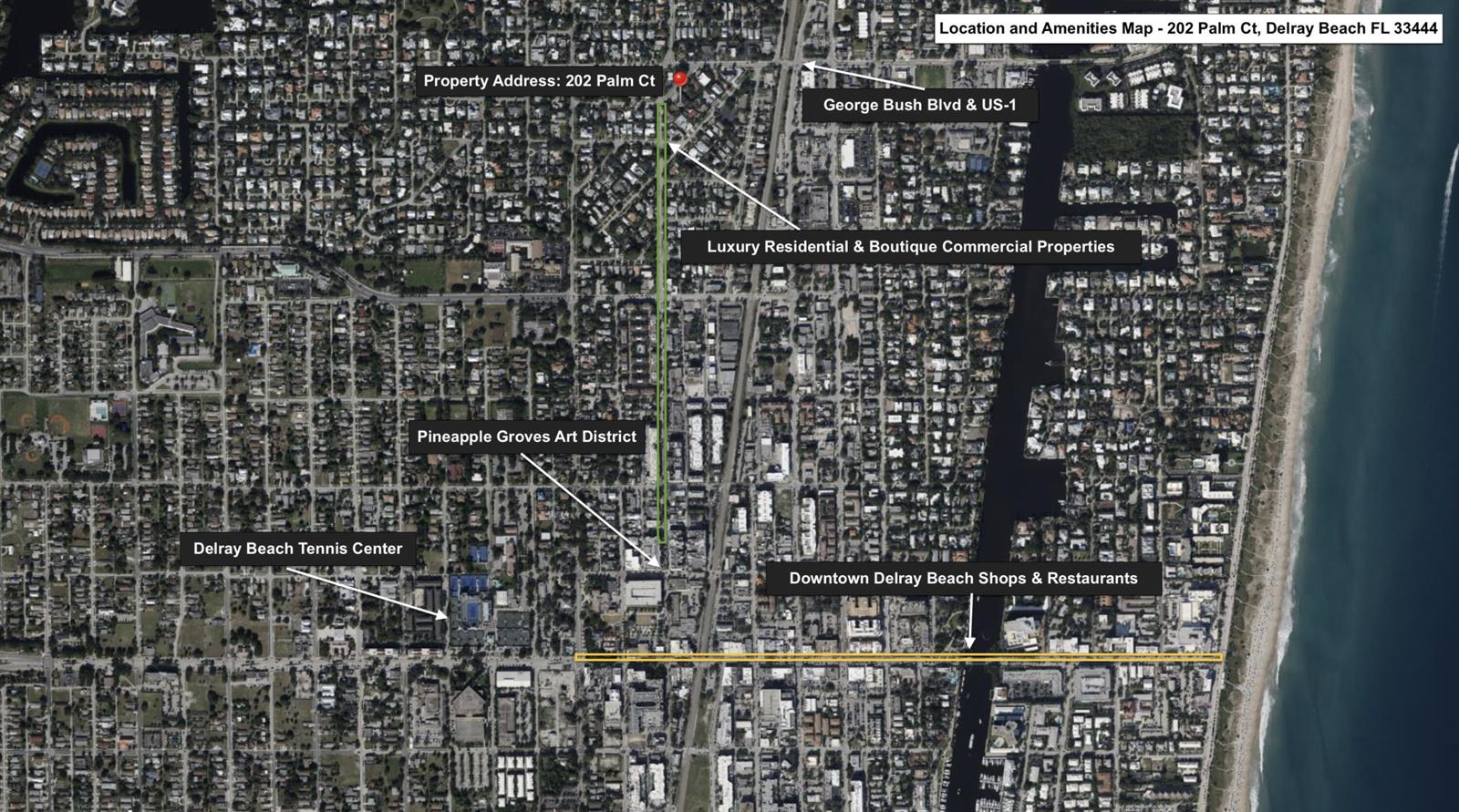 This is an aerial map showing the location of a property in Delray Beach, Florida — 202 Palm Court, Delray Beach FL 33444, DELRAY BEACH, FL