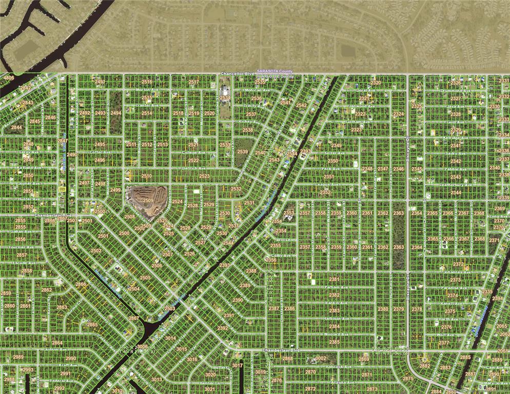This is a map showing a residential neighborhood with street names and parcel numbers — 222 MCDILL DRIVE, PORT CHARLOTTE, FL